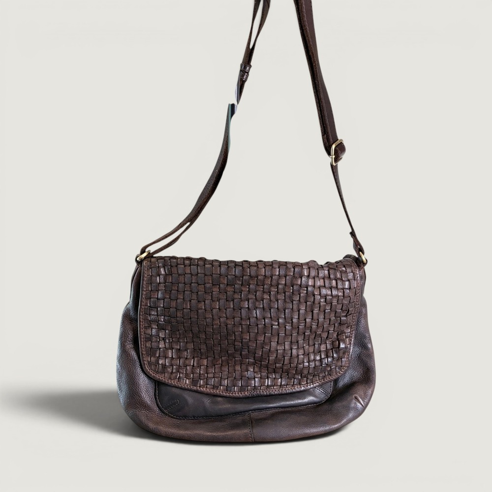 Marta Ponti Brown Woven Leather Crossbody Bag Flap Multi Pocket Boho